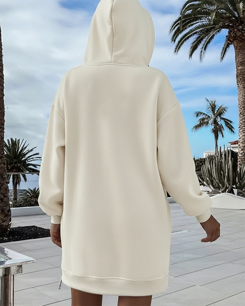 Long Sleeve Kangaroo Pocket Design Zipper Side Pullover Sweatshirt Casual Faux Two Piece Side Slit Longline Drawstring Hoodie Top