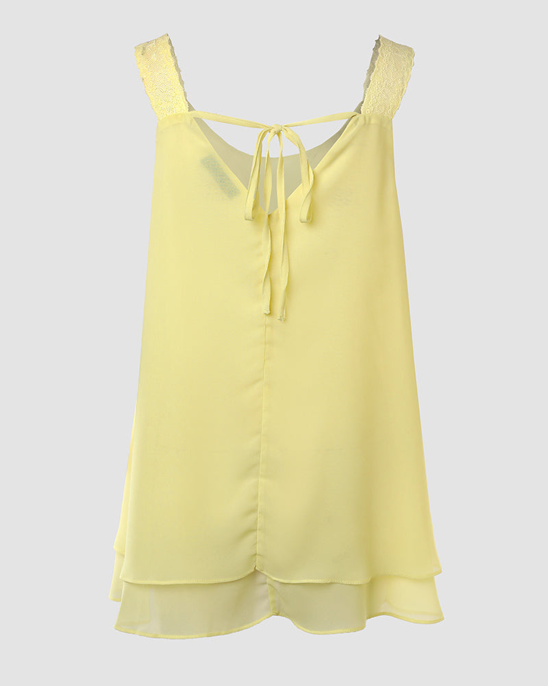 U-Neck Thick Strap Tank Contrast Lace Tied Detail Top