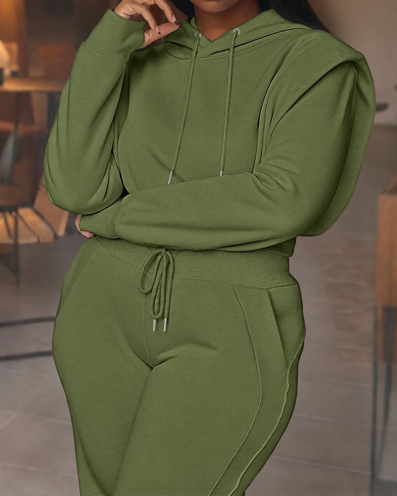 2 Pieces Outfit Long Sleeve Crop Drawstring Hoodie Sweatshirt with Thumb Hole Cuffs and Casual Drawstring Elastic Waist Wide Leg Sweatpants Set