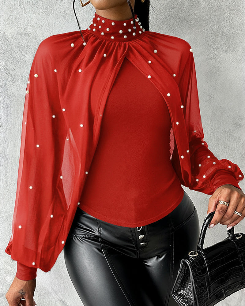 Pearls Decor High Neck Chiffon Draped Cape-style Cloak Sleeve Spliced Tee Ruched Hollow-out Back Slim Fit Top