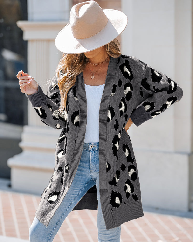 Women's Leopard Pattern Open Front Mid-length Knit Cardigan Sweater Coat