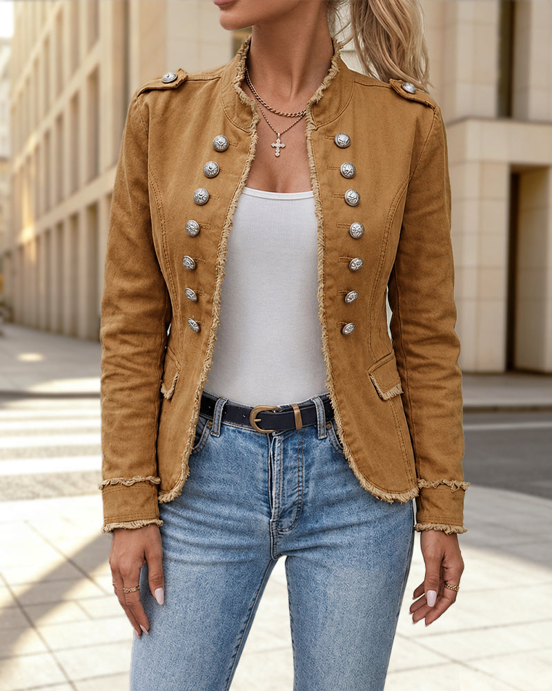Damen-Jacke in zweireihigem Design, lässig mit Stehkragen, offener Kante und kurzem Schnitt
