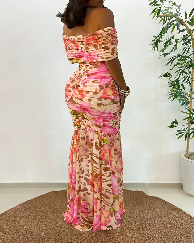 Damen-Maxikleid mit Umschlag-Ausschnitt, schulterfrei, Meerjungfrauen-Schnitt, gerafft, figurbetont, mit Leoparden- und Blumenmuster, sexy Tropen-Urlaubskleid