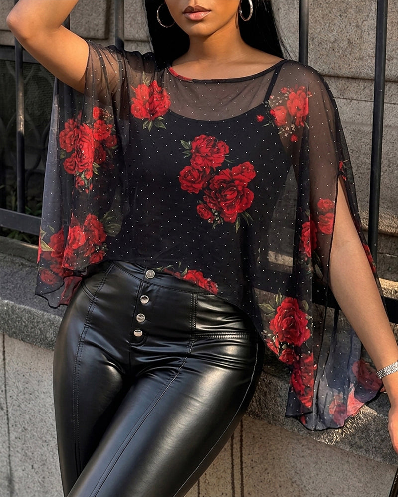 Women's 2 Piece Set Floral Print Rhinestone Sheer Mesh Loose Cape with Cami Top