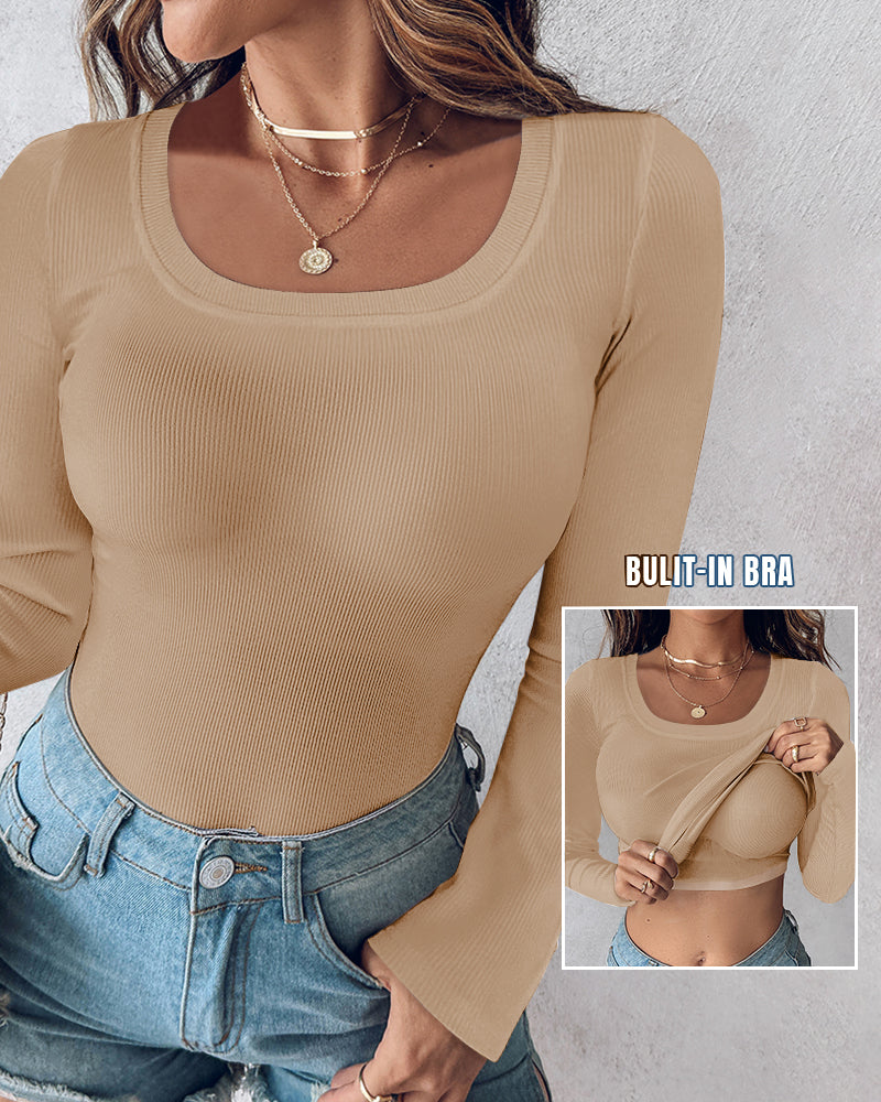 ChicMe Built-in Bra U-Neck Long Sleeve Ribbed Top