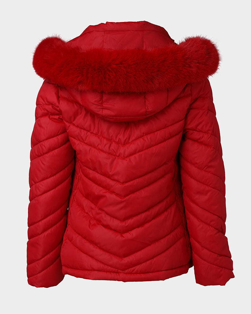 Zipper Pocket Design Shirred Fuzzy Trim Fleece Lined Hooded Puffer Jacket