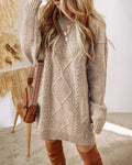 Round Neck Long Sleeve Drop Shoulder Pullover Sweater Casual Loose Fit Cable Knit Mid-length Sweater