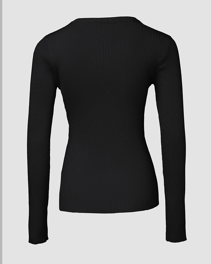 Crewneck Half Zipper Flap Detail Knit Sweater Long Sleeve Slim Fit Ribbed Pullover Top