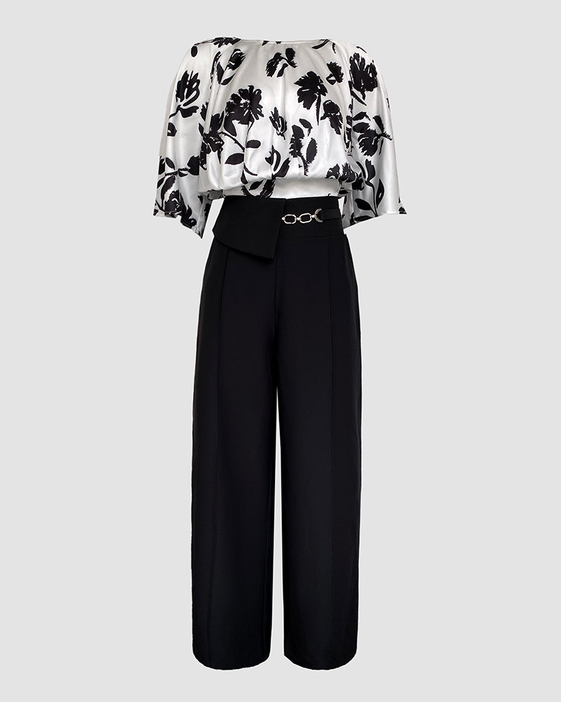 2 Pieces Outfit Floral Print Round Neck Bell Sleeve Satin Top and High Waist Wide Leg Work Pants Set