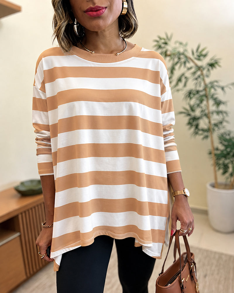 Damen Langarm-Shirt gestreift mit überschnittenen Schultern Rundhalsausschnitt Seitenschlitz lässiges lockeres Oberteil