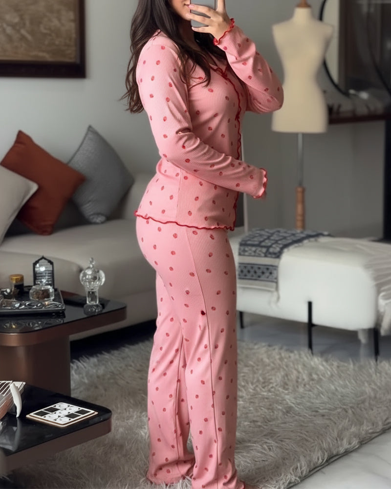 2 Pieces Outfit Bowknot Decor Turn-down Collar V-Neck Top and Elastic Waist Slit Hem Pants Set Casual Strawberry Print Frill Trim Ribbed Pajamas Set