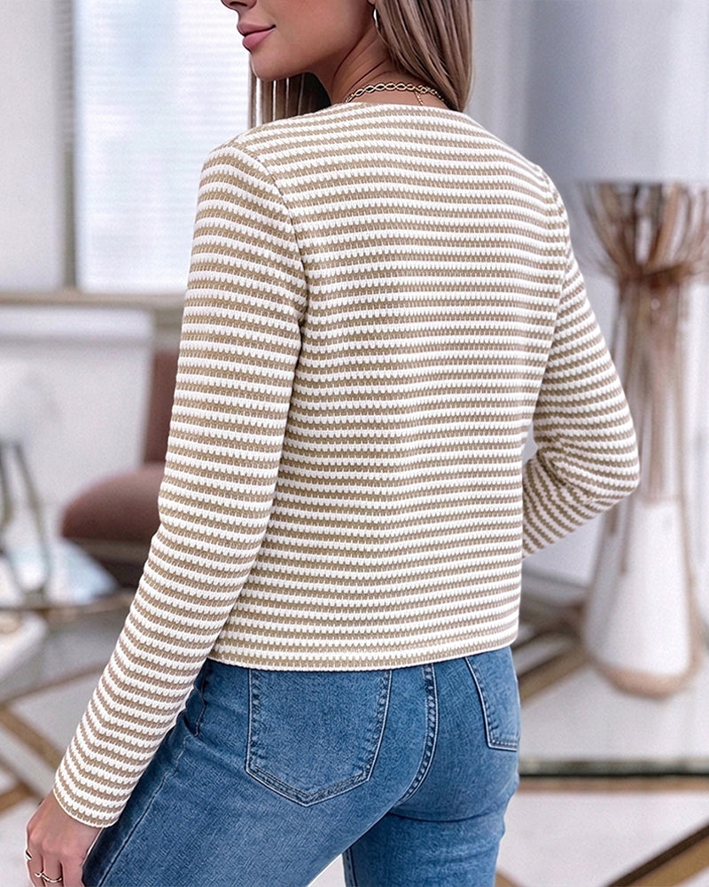 Women's Striped Round Neck Gold Button Cropped Coat