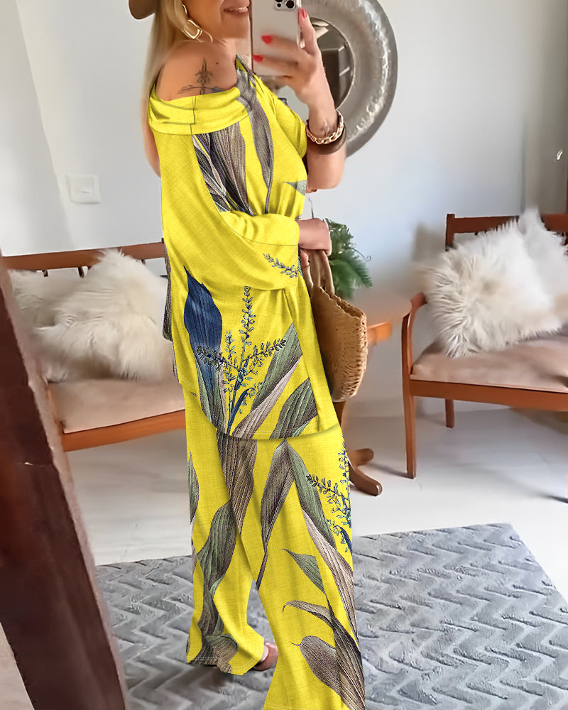 2 Pieces Outfit Plants Print Cold Shoulder Batwing Sleeve Top and Casual Wide Leg Pants Set