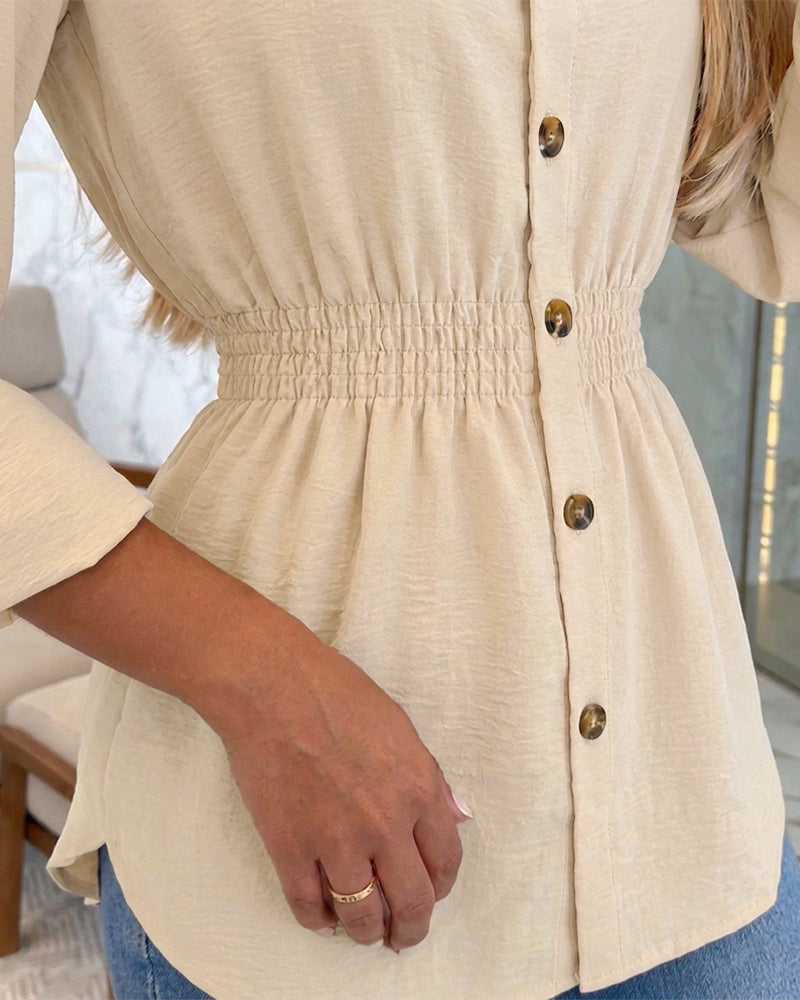 Women's Turn-Down Collar Button Down Shirred Waist Roll Up Sleeve Blouse