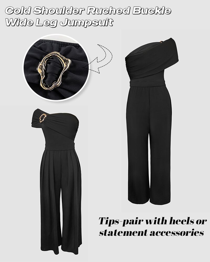 CHICME Damen Jumpsuit mit einer Schulter, goldener Schnalle, geraffter Taille und weitem Bein