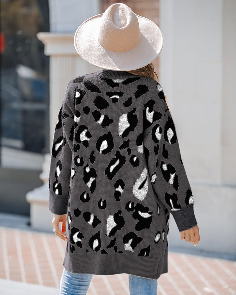 Women's Leopard Pattern Open Front Mid-length Knit Cardigan Sweater Coat