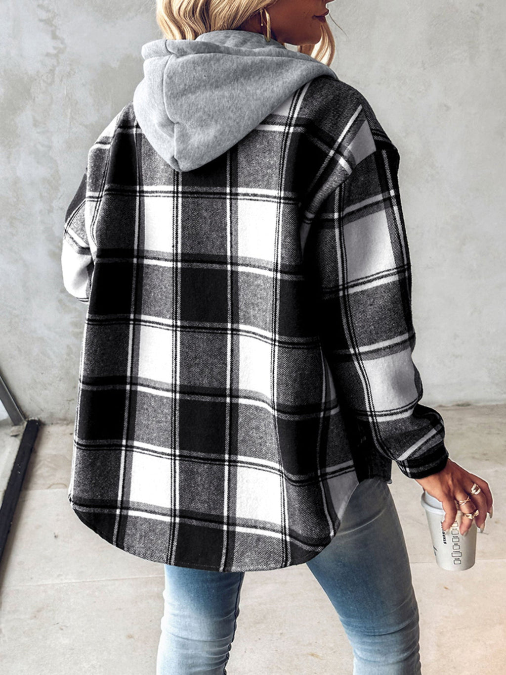 Karierte Langarm-Hemdjacke mit Knopfleiste, fleecegefütterte Kapuzenjacke, warmer Mantel