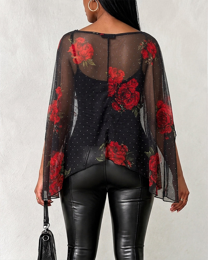 Women's 2 Piece Set Floral Print Rhinestone Sheer Mesh Loose Cape with Cami Top