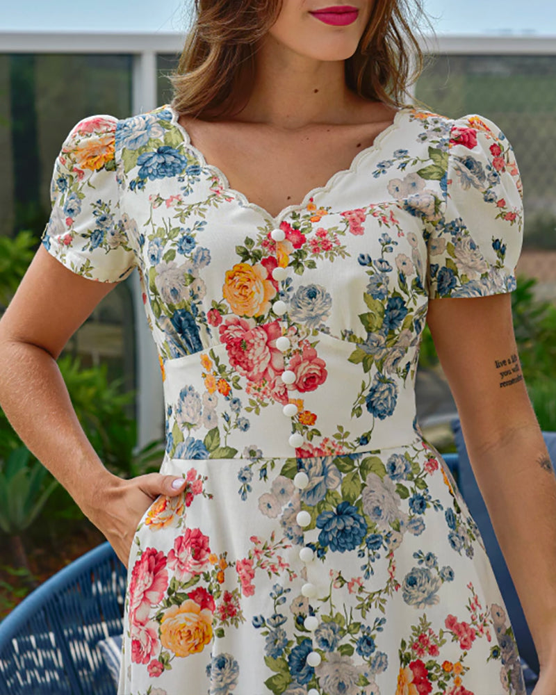 Floral Print V Neck Puff Sleeve Maxi Dress A-Line Flowy Casual Dress With Pockets