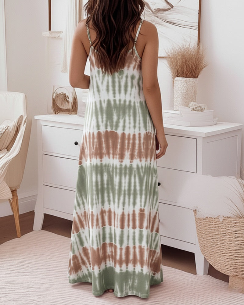 Faith Letter & Tie Dye Print U-Neck Adjustable Spaghetti Straps Maxi Dress Casual Backless Loose Fit Cami Dress