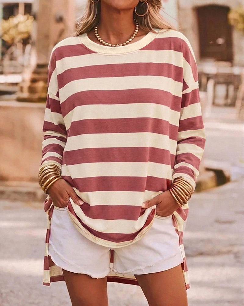Women's Striped T Shirt Long Sleeve Drop Shoulder Crewneck Tee Side Slit Casual Loose Fit Top