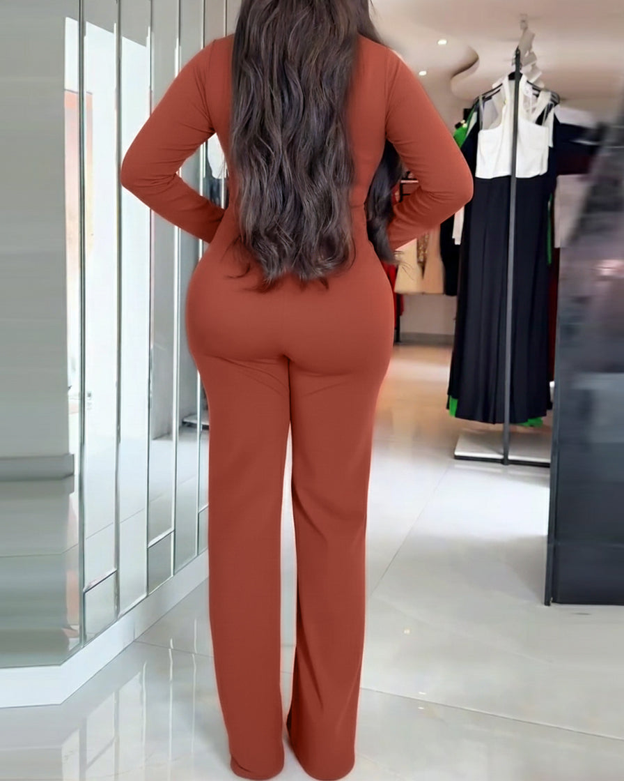 Golden Button Decor Long Sleeve Seam Front Overalls Casual Zipper Back Faux Two-Piece Commuting Jumpsuit