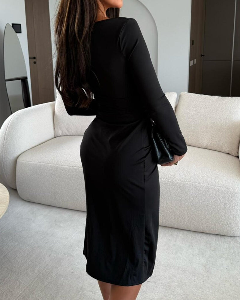 Long Sleeve Ruched Waist Metal Button Decor Bodycon Dress Casual Slit Slim Fit Midi Dress
