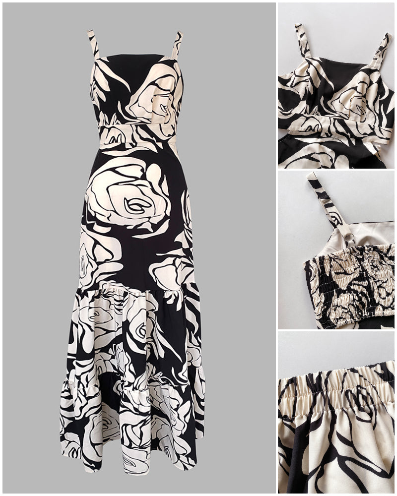 Maxikleid mit Blumenmuster, verstellbaren Trägern, Cut-out an der Taille, gesmoktem, rückenfreiem Design, elastischer Taille im Rücken und Rüschensaum, Freizeitkleid für den Urlaub