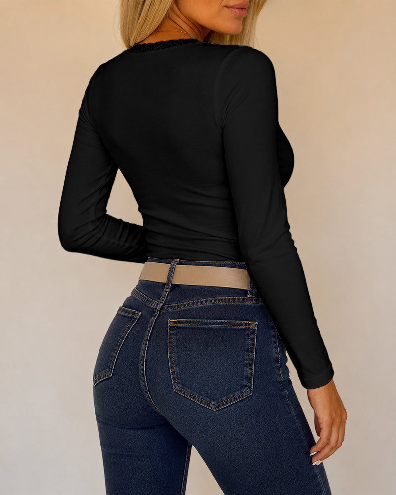Women's Lace V Neck Ruched T Shirt Slim Fit Long Sleeve Tee Casual Elegant Top