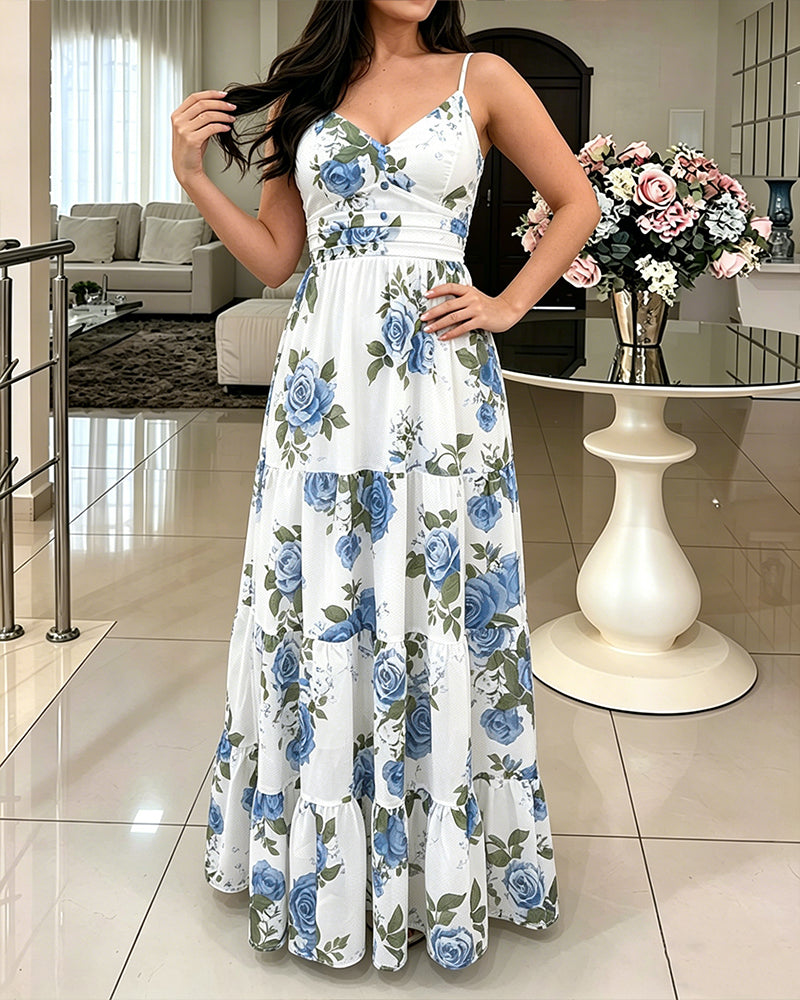 Damen-Maxikleid mit Blumenmuster, Rüschensaum, Camisole-Kleid, V-Ausschnitt, gerafft, Sommer-Urlaub, Boho-langes Kleid mit integriertem BH