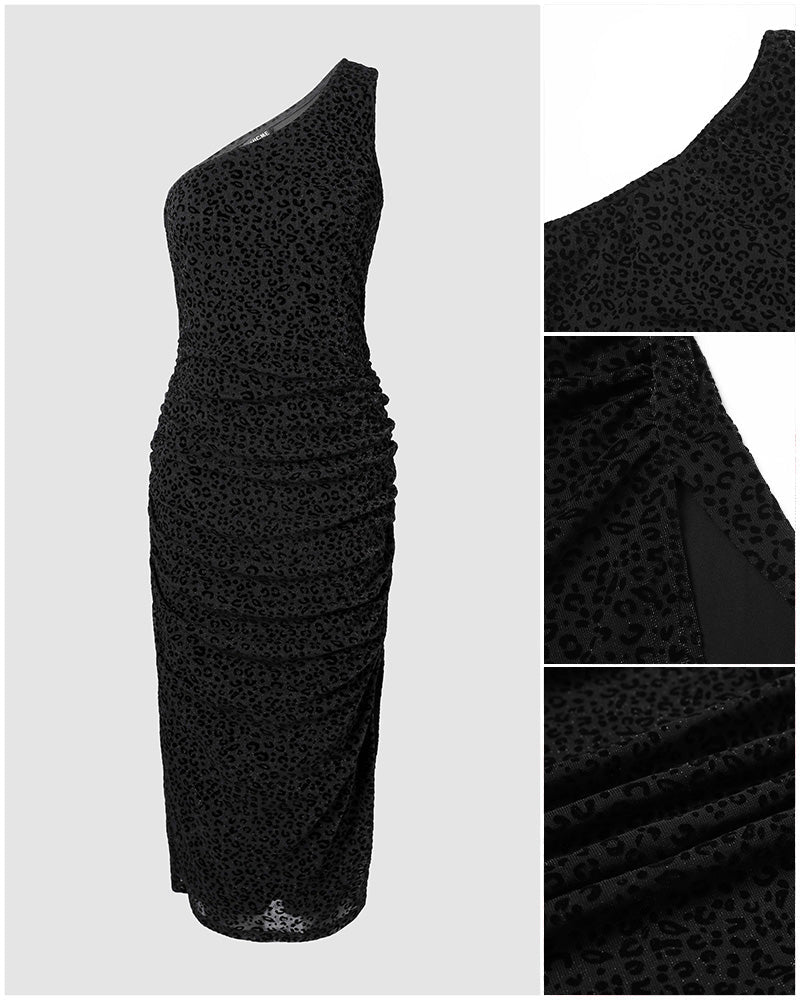 Women's One Shoulder Glitter Flocked Leopard Midi Dress Ruched Bodycon Dress Slit Party Dress