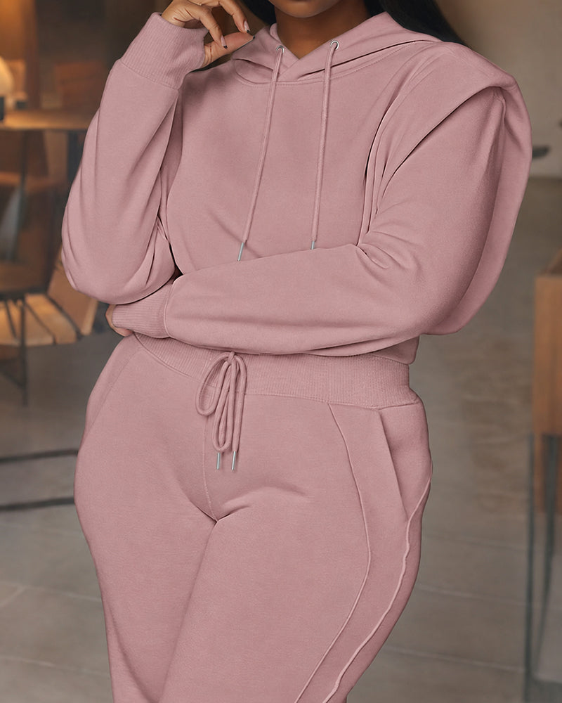 2 Pieces Outfit Long Sleeve Crop Drawstring Hoodie Sweatshirt with Thumb Hole Cuffs and Casual Drawstring Elastic Waist Wide Leg Sweatpants Set