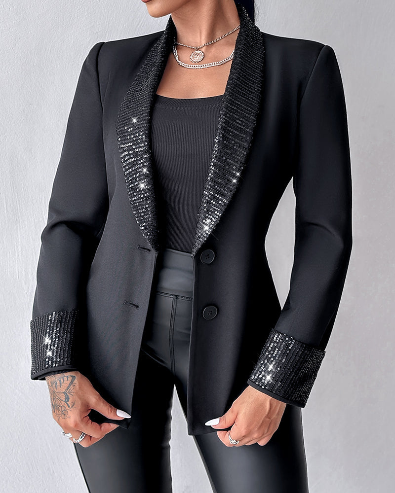 Women's Sequin Shawl Collar Long Sleeve Single Breasted Blazer
