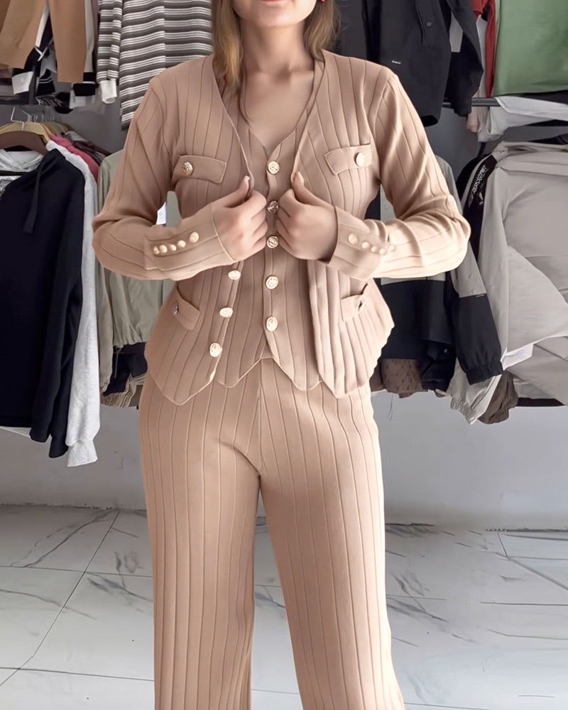 3 Pcs Outfits V Neck Long Sleeve Knit Coat with Metal Button Detail Tank Top Casual Long Pants Knit Sets