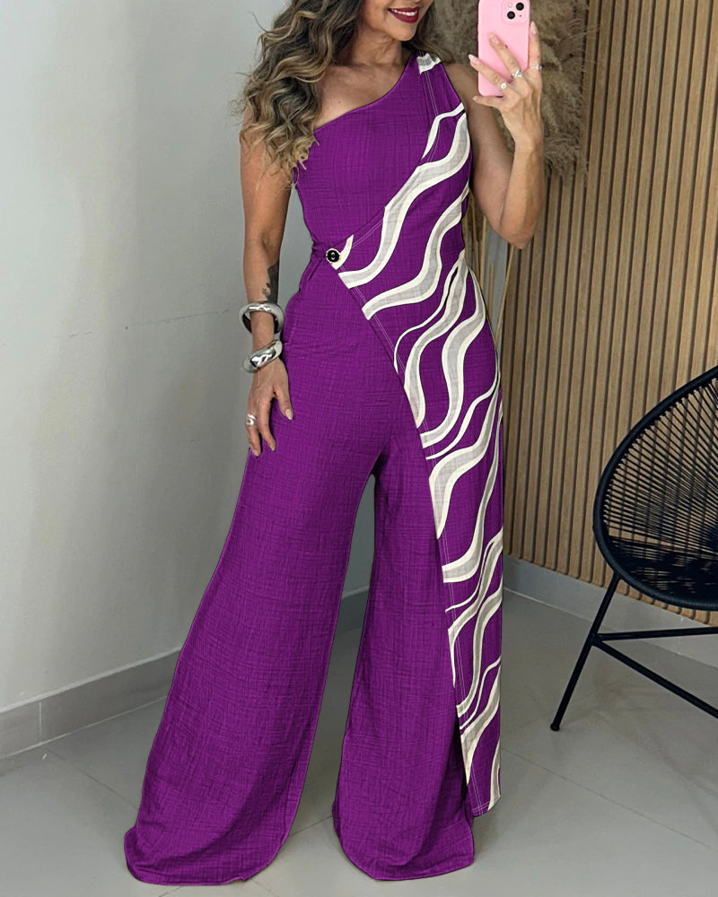 One Shoulder Sleeveless Colorblock Wave Print Spliced Wrap Front Overalls Casual Zipper Side Wide Leg Faux Two-Piece Jumpsuit