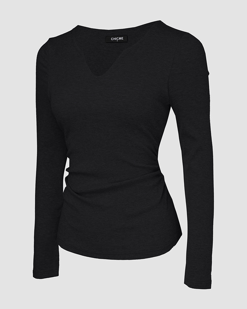 Chicme Built In Bra Notch Neck Long Sleeve Shirts Rib Knit Ruched Waist Top