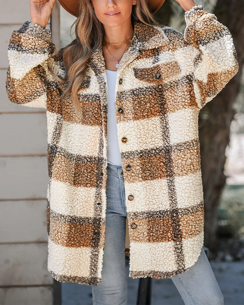 Damen-Shacket aus kariertem Fleece mit Revers, durchgehender Knopfleiste, mittellang und oversized