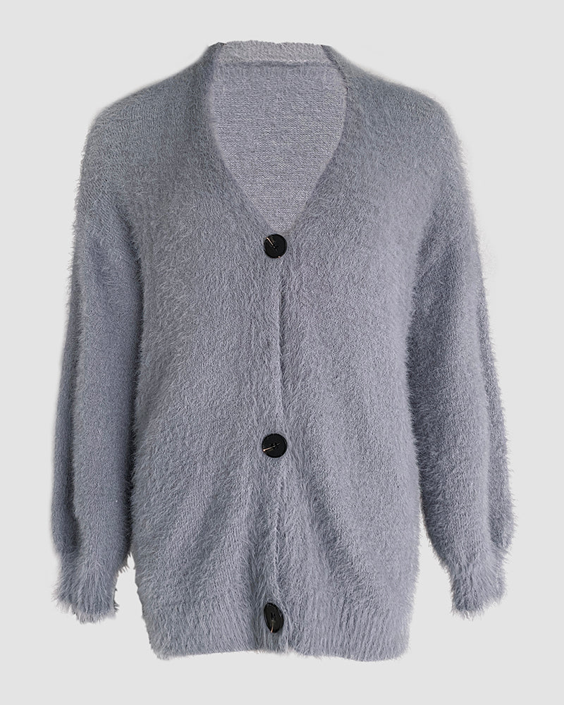 V-Neck Single Breasted Fuzzy Cardigan Casual Minimalist Sweater Coat