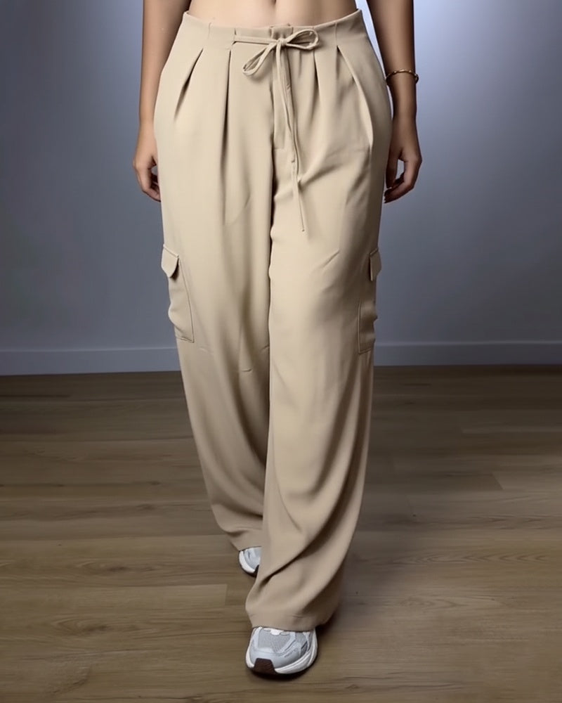High-Waist-Hose mit Kordelzug, Bundfalten und weitem Bein, lässige Cargohose mit Pattentaschen
