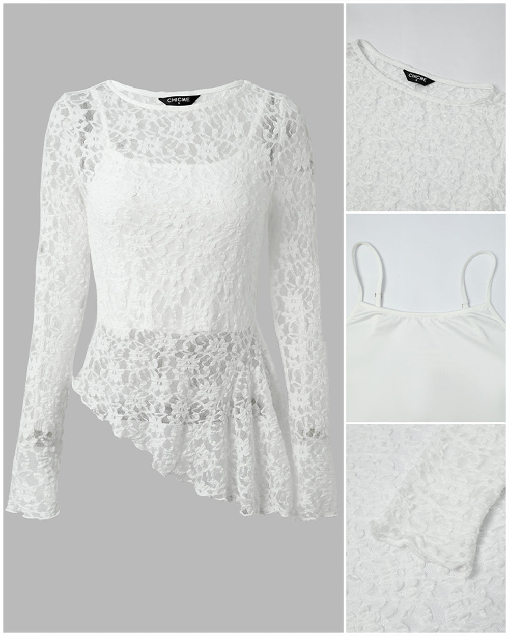 Damen-2-Teiler-Outfit: Transparentes florales Spitzenoberteil mit asymmetrischem Saum und Langarm sowie Camisole