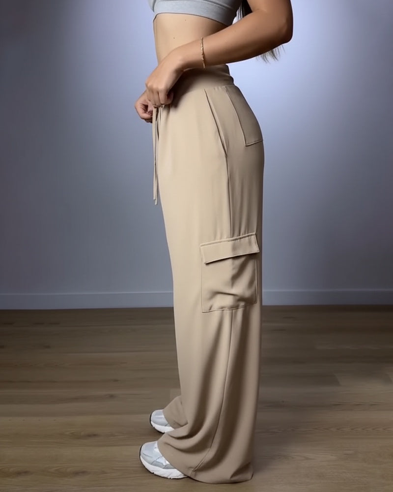High-Waist-Hose mit Kordelzug, Bundfalten und weitem Bein, lässige Cargohose mit Pattentaschen