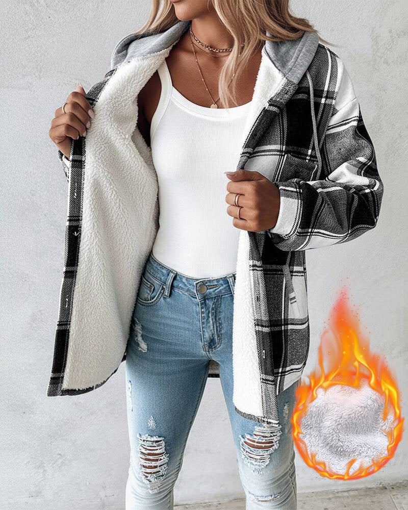 Karierte Langarm-Hemdjacke mit Knopfleiste, fleecegefütterte Kapuzenjacke, warmer Mantel