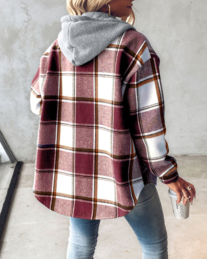 Karierte Langarm-Hemdjacke mit Knopfleiste, fleecegefütterte Kapuzenjacke, warmer Mantel