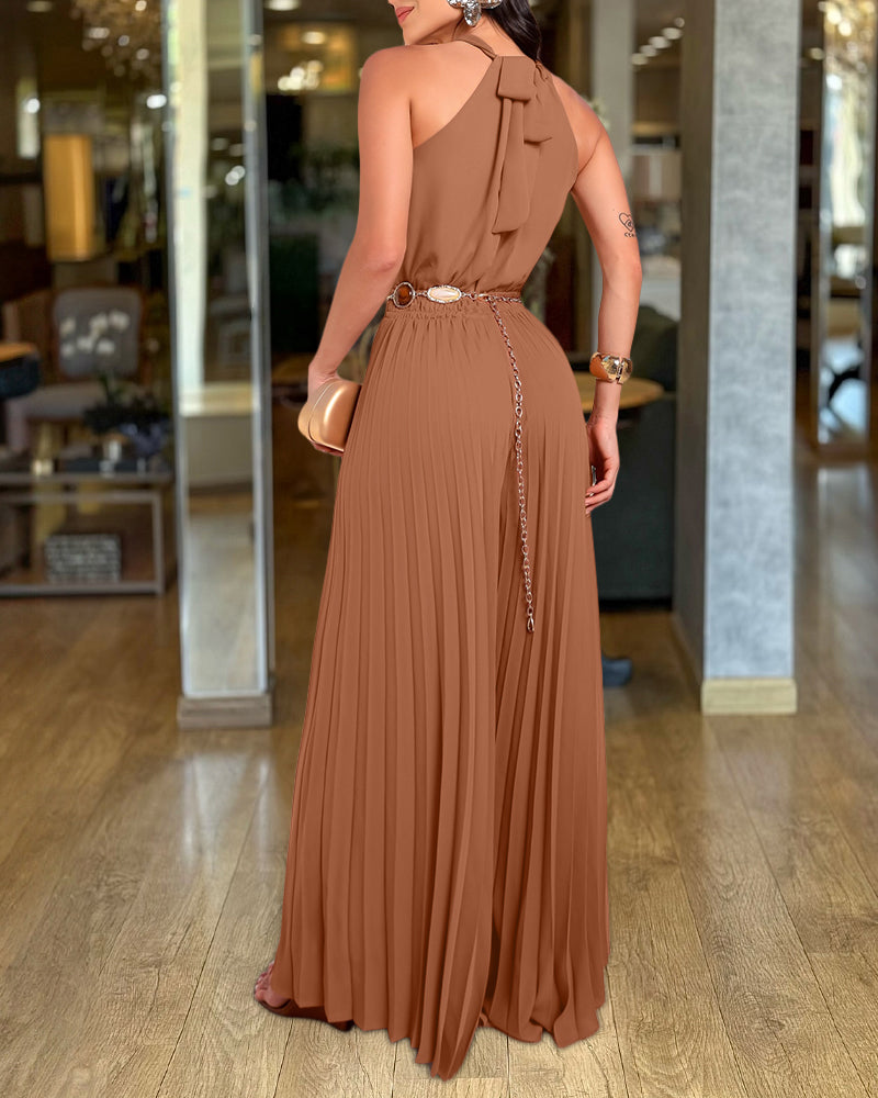 CHICME Women's Halter Tie Wide Leg Jumpsuit Pleated High Waist One-Piece Romper Elegant Sleeveless Evening Party Jumpsuit without Waist Chain