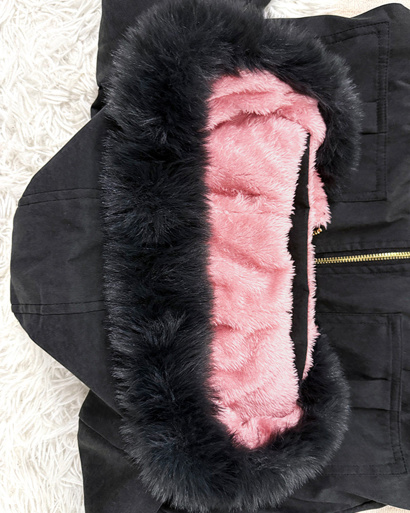 Fuzzy Trim Jacket Hooded Zip Up Fleece Lined Coat Outwear with Pockets