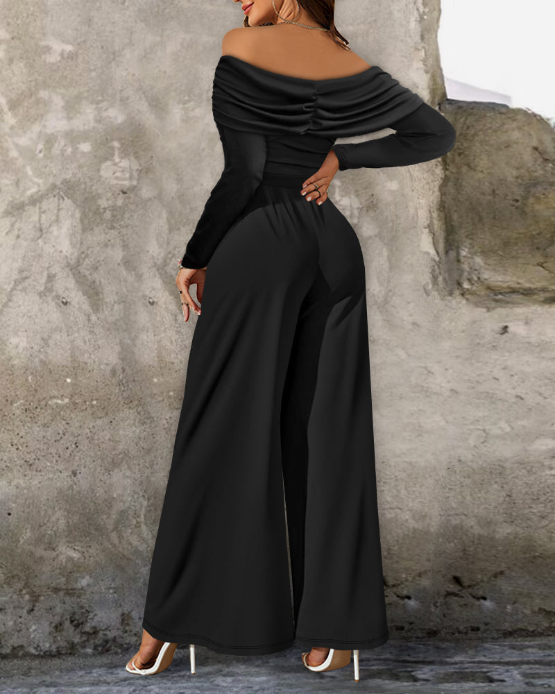 Jumpsuit mit Metallring-Dekor, schulterfrei, gerafft, mit hoher Taille, legerer, taillierter Jumpsuit mit weitem Bein