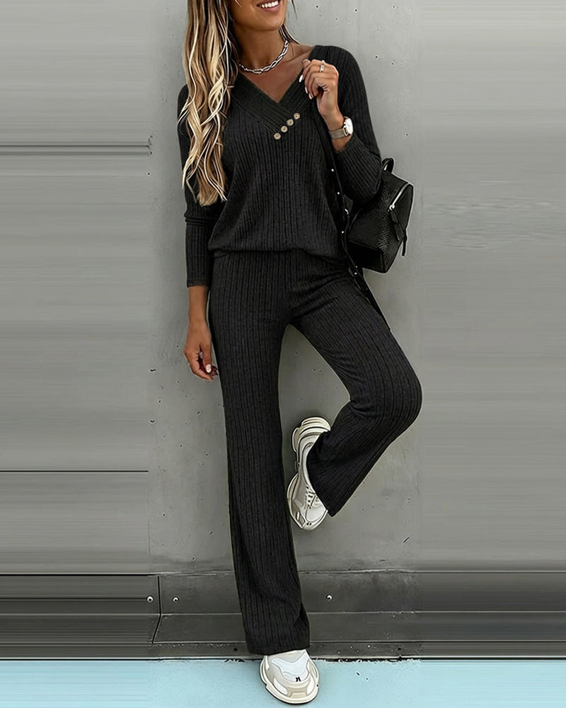 2 Pieces Outfit Button Decor V-Neck Long Sleeve Top and Elastic Waist Straight Leg Pants Set Casual Ribbed Set