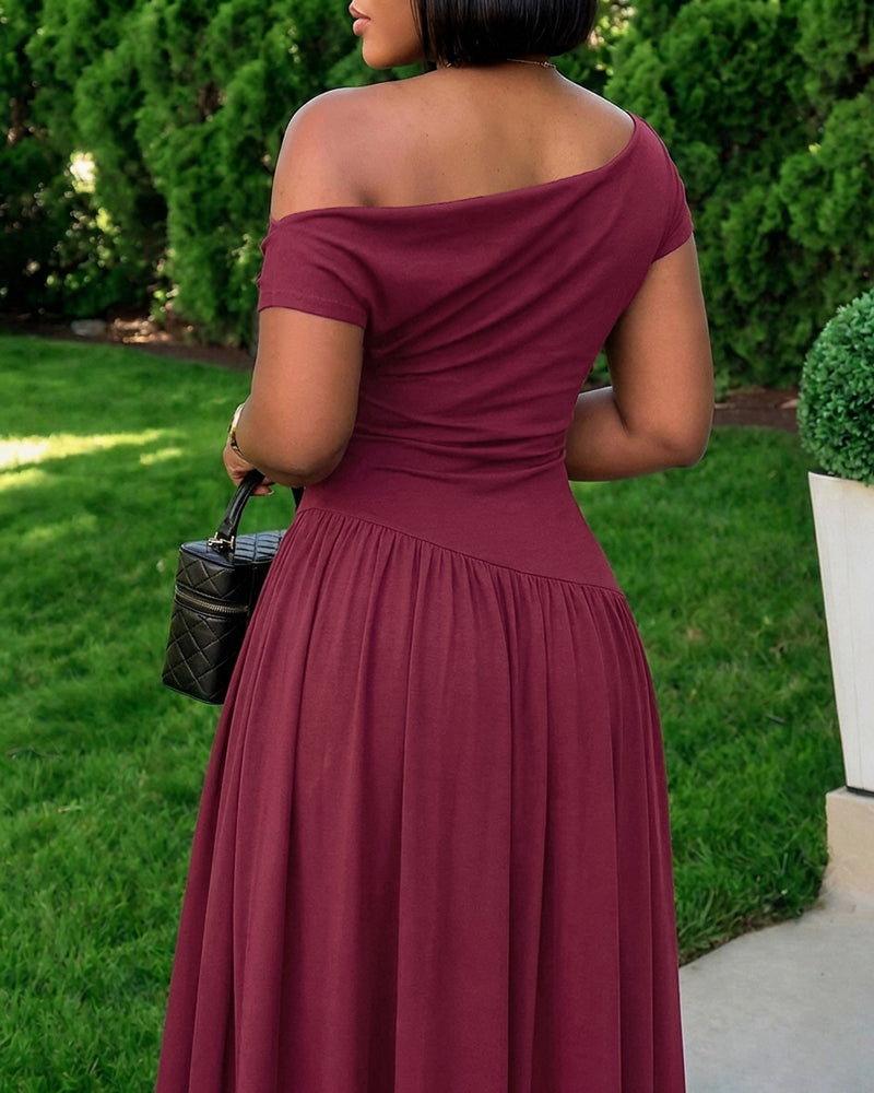 Women's Cowl Neck Lace Spliced Maxi Dress Skew Neck Ruched A Line Dress