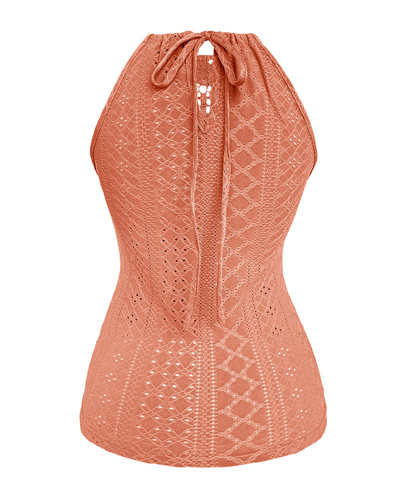 Halter Lace Up Water Soluble Lace Trim Sleeveless Tank Jacquard Casual Slim Fit Knit Top