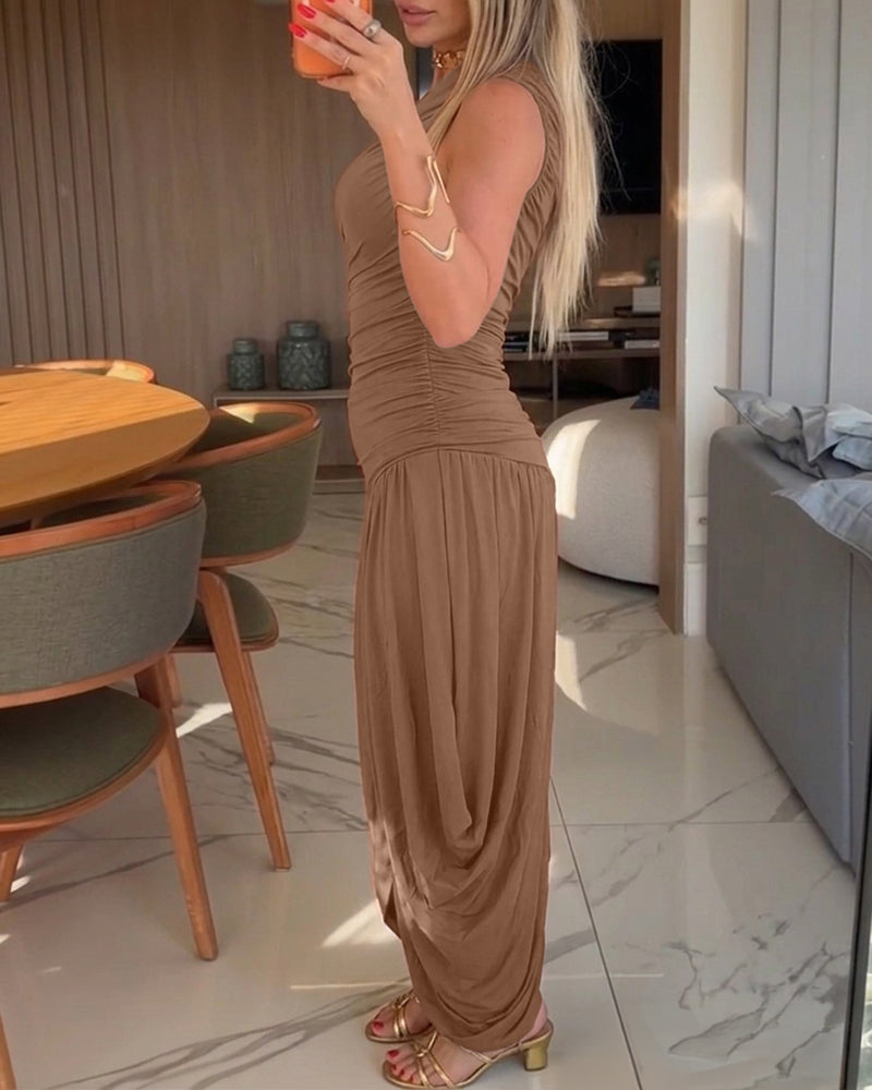 Women's One Shoulder Ruched Side Bodycon Dress Asymmetrical Hem Sleeveless Slim Fit Party Dress